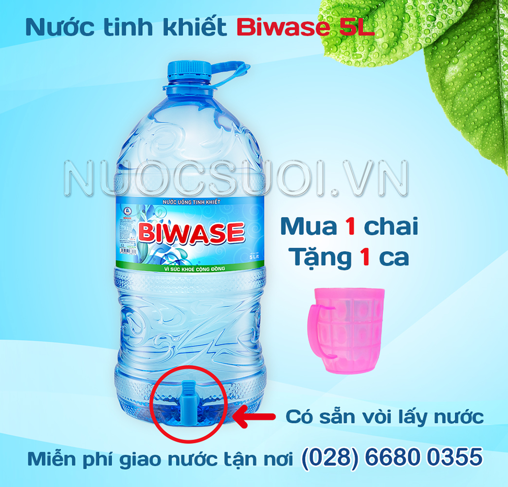 nước Biwase 5L, Biwase, có gắn sẵn vòi lấy nước, mua 1 chai tặng 1 ca nhựa, nước suối, nước uống giá rẻ, freeship tại TPHCM, nước đóng chai, nước tinh khiết